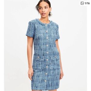 LOFT Blue Tweed Short Sleeve Dress